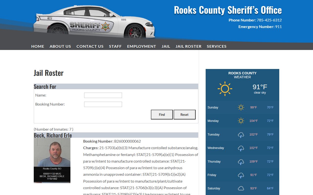 Rooks County released inmate search using the current jail roster