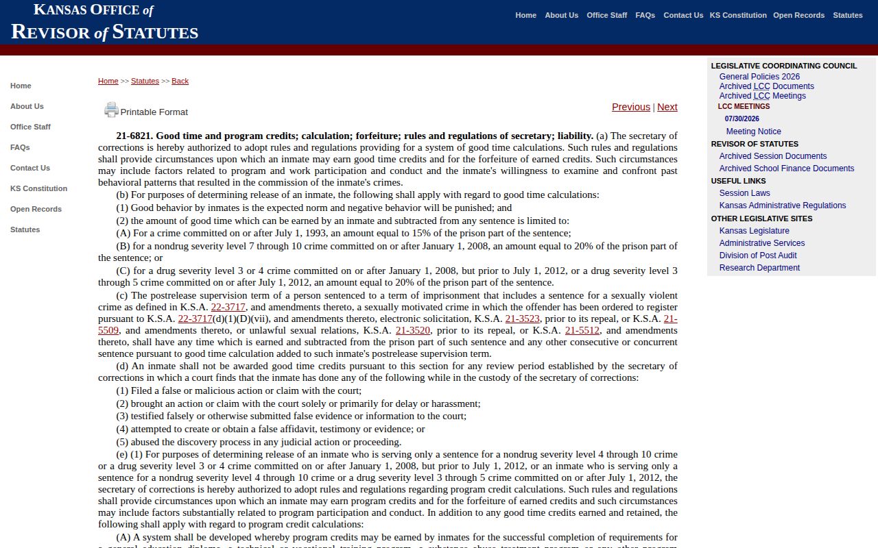 Kansas statute governing Rooks County inmate release date credits